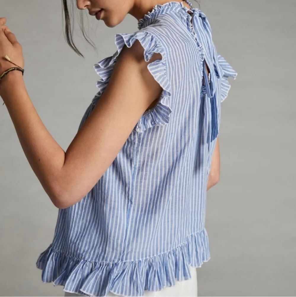 Anthropologie Uli Ruffle Flutter Sleeve Striped Cotton Blouse XS - Picture 3 of 12